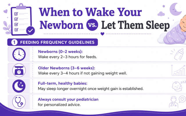 An infographic titled When to Wake Your Newborn vs. Let Them Sleep with feeding frequency guidelines.