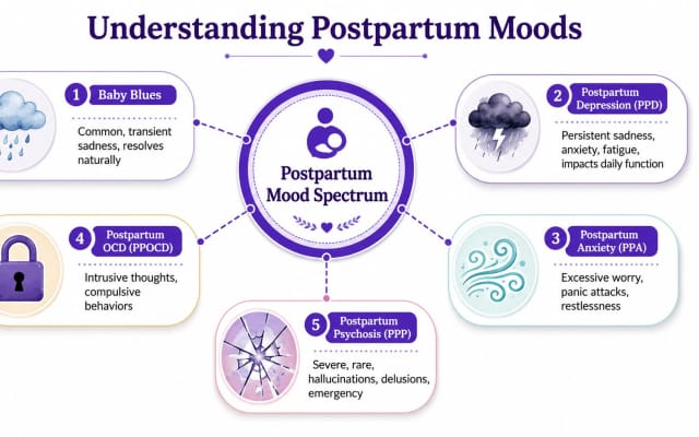 A descriptive infographic titled Understanding Postpartum Moods showing five different conditions on a spectrum.