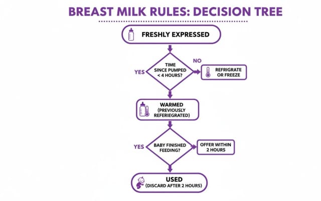 Decision tree flowchart showing rules for handling freshly expressed and warmed breast milk.