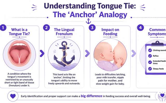 An infographic explaining tongue tie using an anchor analogy, detailing symptoms and impact on breastfeeding.