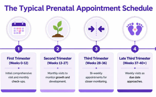A timeline graphic showing the typical schedule of prenatal appointments throughout the four stages of pregnancy.