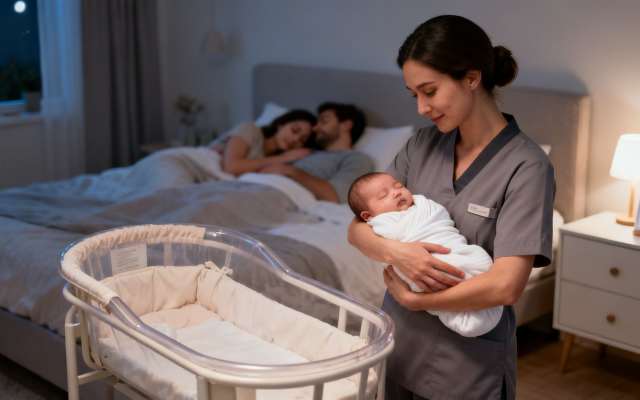 A caring night nanny gently holds a swaddled sleeping baby as parents rest in bed.