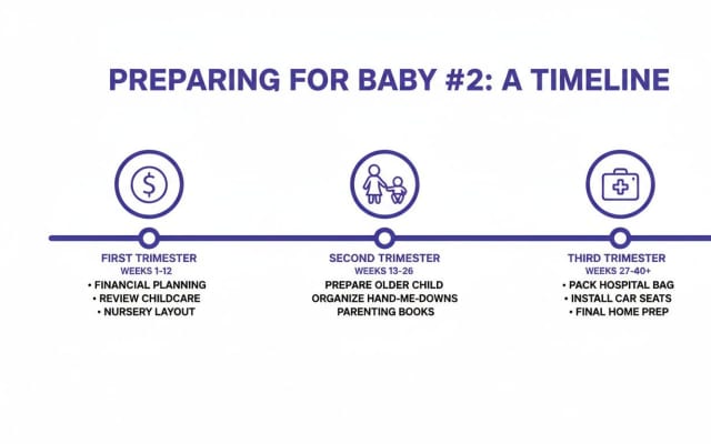 A timeline graphic detailing tasks for preparing for a second baby across first, second, and third trimesters.