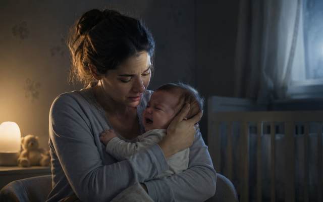 A tired mother holding and soothing her crying baby in a dimly lit nursery at night.