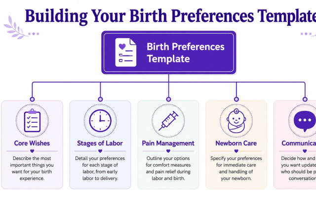 A visual guide for building a birth preferences template, highlighting five key categories for expectant parents.
