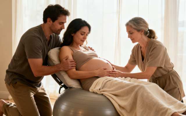 A pregnant woman on a birth ball is supported by her partner and a doula in a bright room.