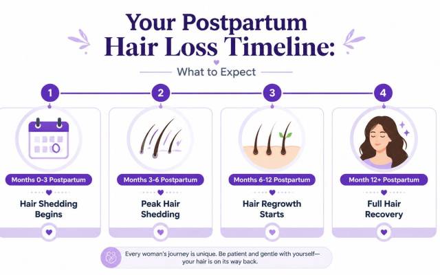 A timeline graphic illustrating the stages of postpartum hair loss from shedding to full recovery.