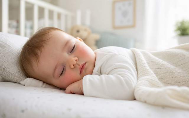 A peaceful baby with flushed cheeks sleeping soundly on a white blanket in a nursery crib.