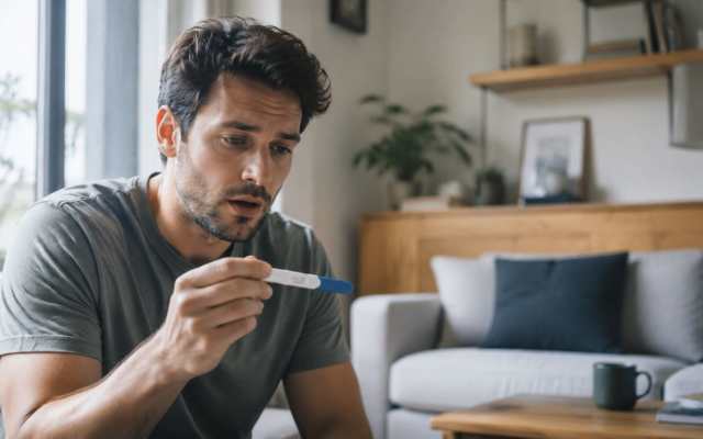 A concerned young man holding a pregnancy test while sitting on a couch in his home.