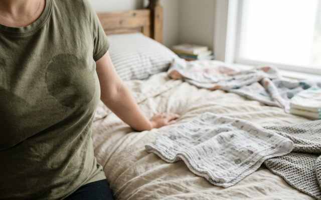 A breastfeeding mother sitting on a bed with a visible milk stain on her green t-shirt.