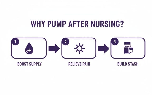 A visual guide explaining why to pump after nursing: to boost supply, relieve pain, and build a milk stash.