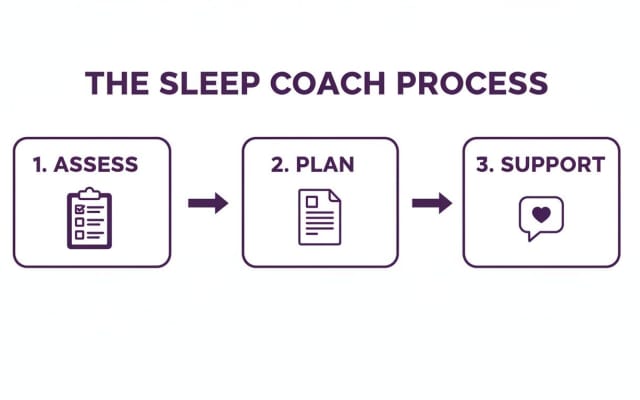 A visual infographic outlining the three-step sleep coach process: assess, plan, and support.