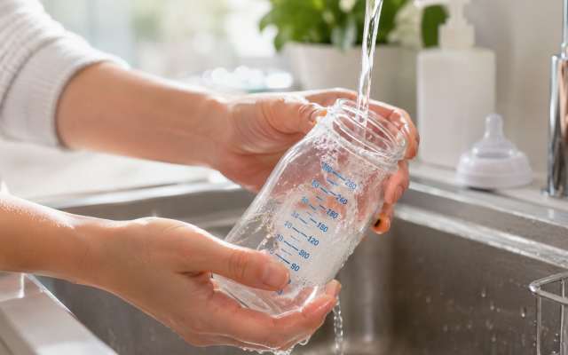 A person washing a clear plastic baby bottle under running water in a kitchen sink.