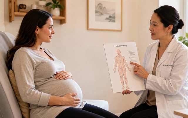A pregnant woman sitting in a clinic while an acupuncturist explains body points on a diagram.