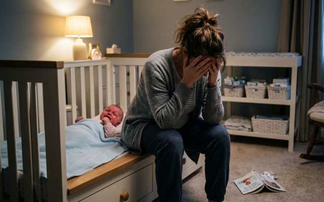 A tired mother sits by a crib crying while her baby is also upset and crying