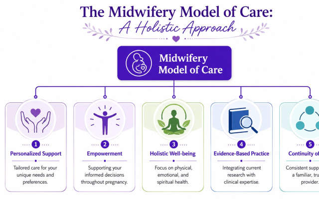 A diagram illustrating the five core components of the holistic Midwifery Model of Care for pregnancy support.