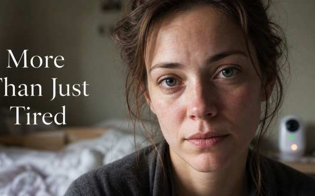 A close-up portrait of a woman looking visibly exhausted with the text More Than Just Tired overlaid.