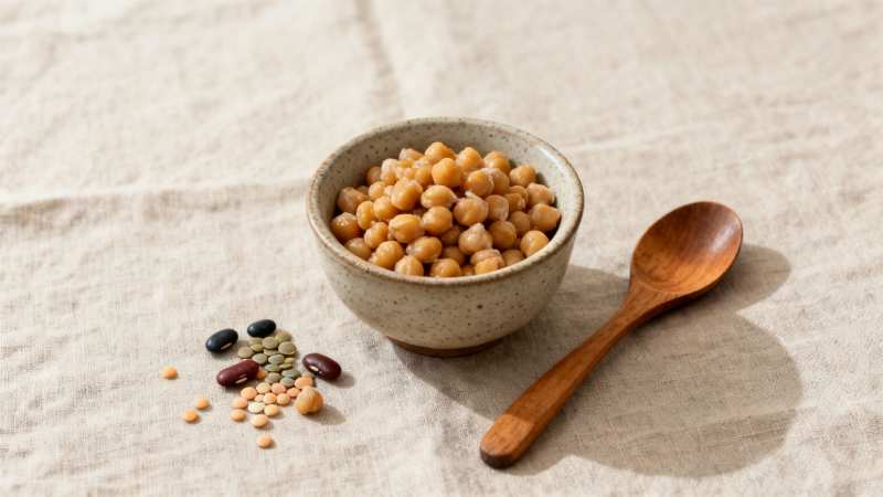 A rustic bowl of cooked chickpeas, a wooden spoon, and scattered dry legumes on a natural linen cloth.