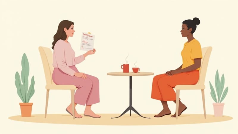 Two women having consultation meeting at table discussing pregnancy plans and doula services