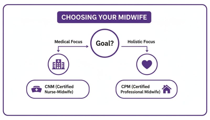 Flowchart illustrating how to choose a midwife based on medical versus holistic focus, detailing CNM and CPM options.