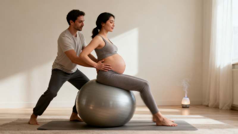 A supportive partner helps a pregnant woman practice breathing techniques on a birthing ball.