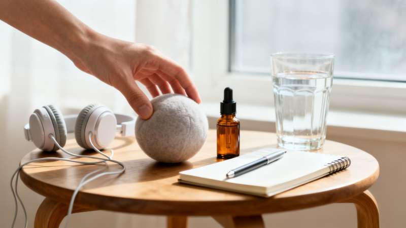 A hand reaches for a grey felt ball on a wooden table with headphones, a dropper bottle, water, and a notebook.