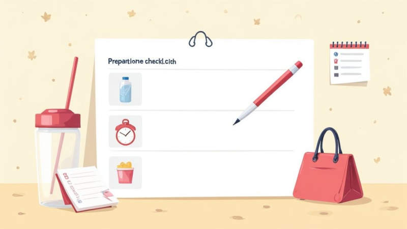 A flat lay shows a preparation checklist with a water bottle, alarm clock, and snacks, alongside a pen, bag, and calendar.