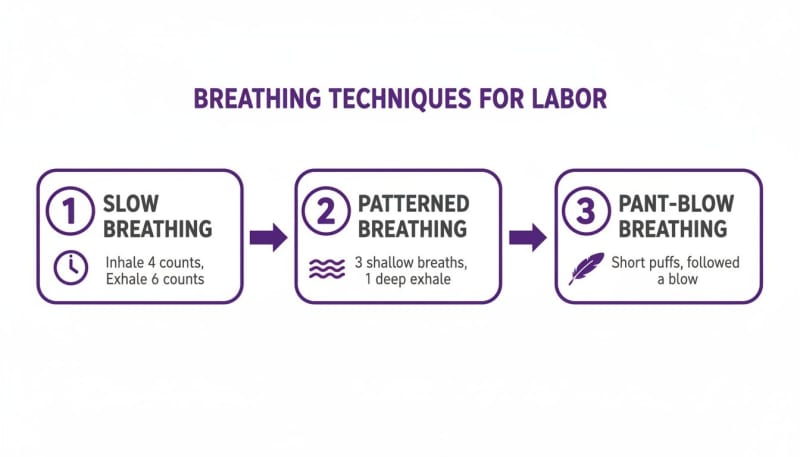 Infographic illustrating three breathing techniques for labor: slow, patterned, and pant-blow.