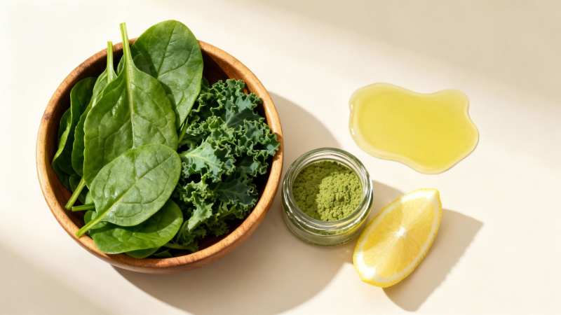 Healthy ingredients including spinach, kale, green powder, lemon, and oil on a light surface.