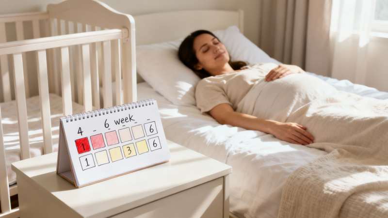 A pregnant woman rests in in bed next to a baby crib, with a postpartum week tracker.
