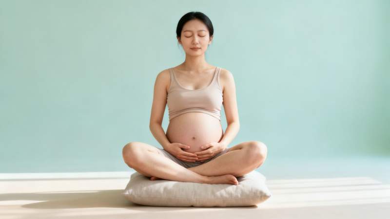 A pregnant woman meditates peacefully, sitting cross-legged on a cushion, holding her baby bump.