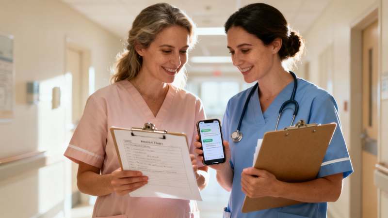 Two smiling nurses in a hospital hallway compare a patient chart on a clipboard with a medical app on a smartphone.