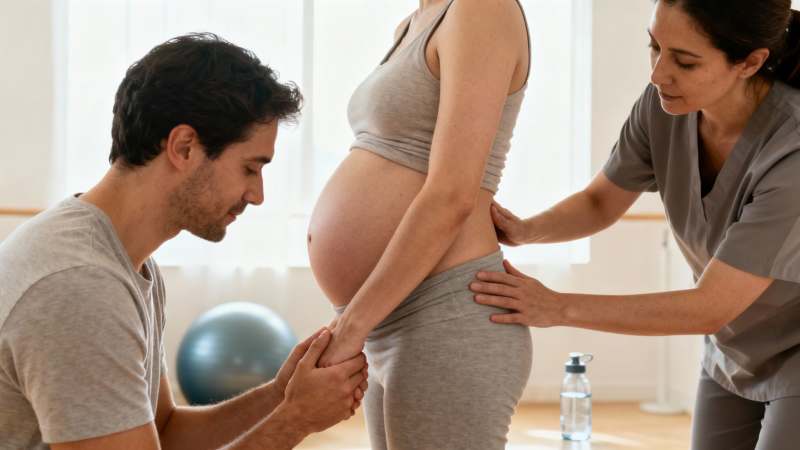 A pregnant woman receives support from her partner and a healthcare provider in a birthing class.