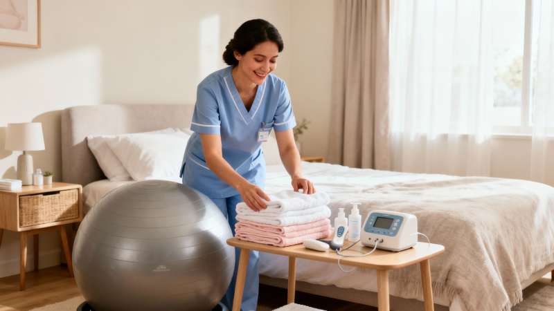 Smiling midwife in scrubs organizing clean towels in a bedroom with an exercise ball and medical devices.