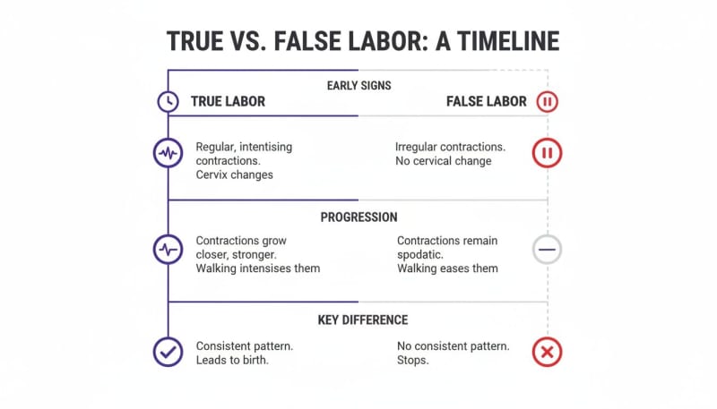 A timeline infographic comparing the key signs, progression, and differences between true and false labor.