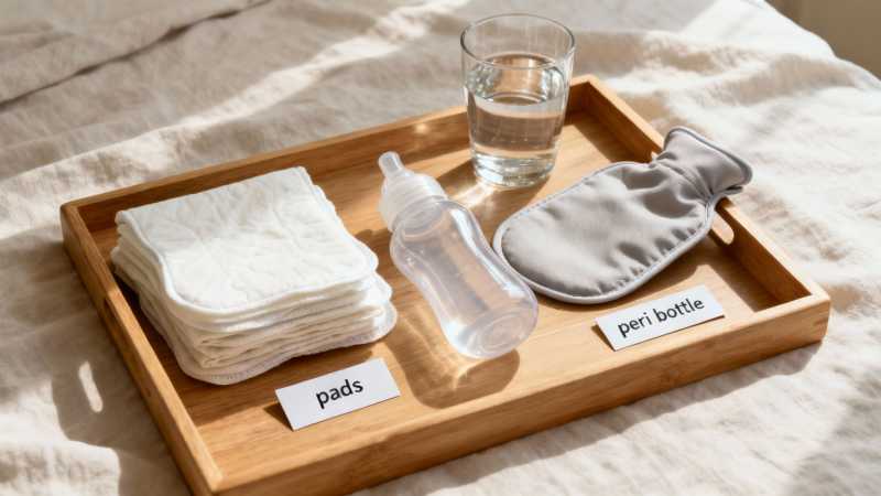 A wooden tray displays postpartum recovery essentials: a stack of pads, a peri bottle, water, and a hot water bottle.
