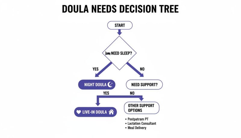 A decision tree flow chart for doula needs, guiding users to night, live-in doula, or other support options.