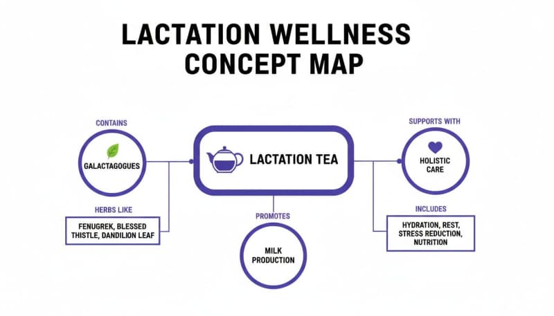 Lactation wellness concept map details tea ingredients like galactagogues, promotes milk production and holistic care.