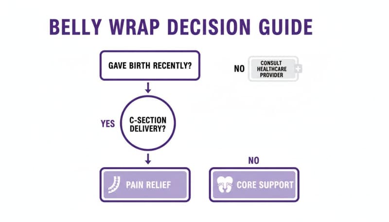 Decision guide for postpartum belly wraps, determining use based on recent birth and C-section delivery.
