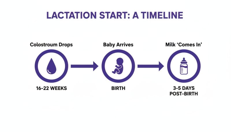 Lactation start timeline: colostrum drops (16-22 weeks), baby birth, and milk (3-5 days post-birth).