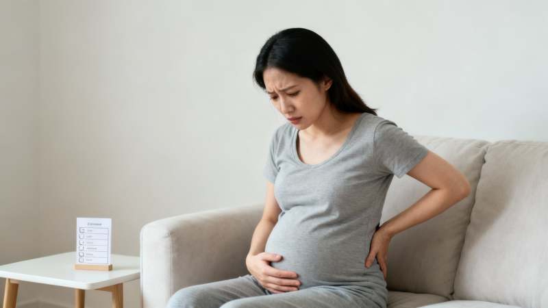 A pregnant Asian woman in a grey outfit sitting on a couch, experiencing back pain and holding her belly.