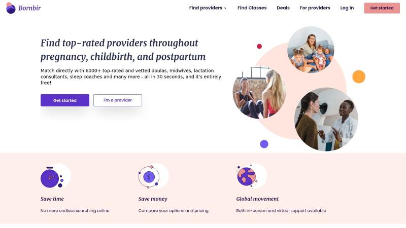 A screenshot of the Bornbir website showcasing its features for finding doulas and other maternity support professionals.