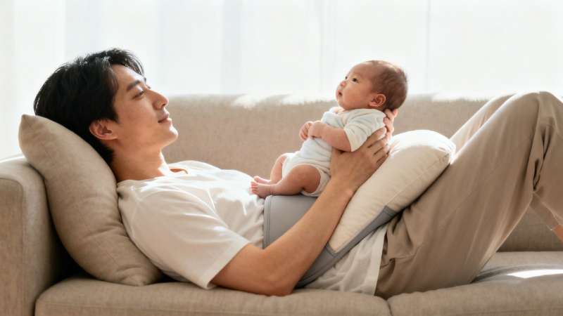 A father lies on a sofa, gently holding his newborn baby on a pillow, looking at each other.