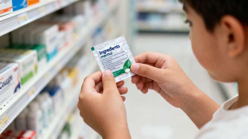 A hand holds a menthol cough drop packet in a store aisle, examining its ingredients.