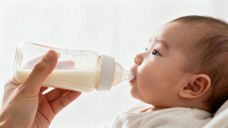 Side profile of an infant drinking milk from a bottle held by an adult's hand.