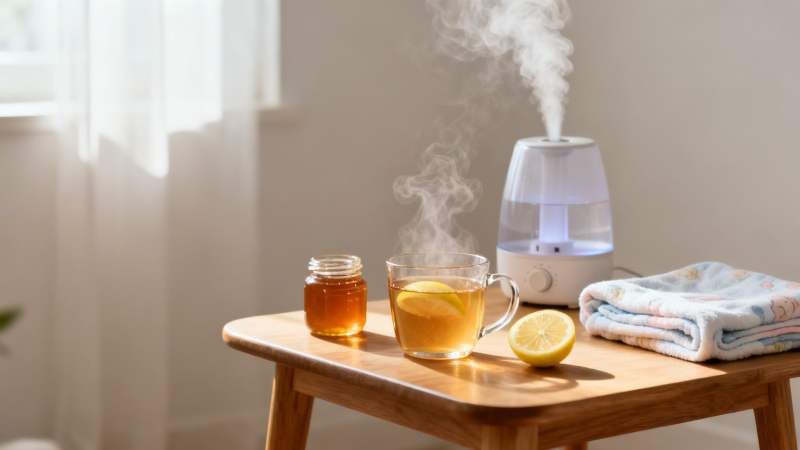 Steaming lemon honey tea, humidifier, and soft towel on a wooden table, suggesting comfort remedies.