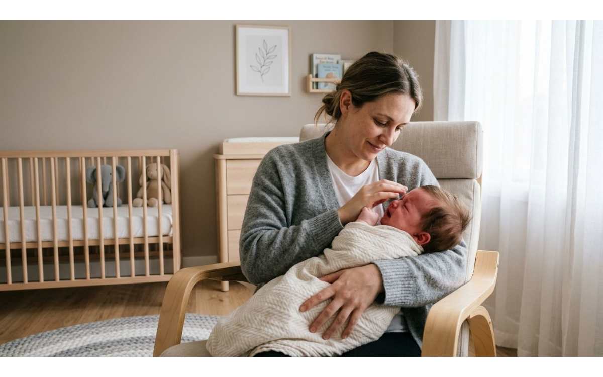 A mother gently comforts and holds her crying newborn baby while sitting in a nursery chair.