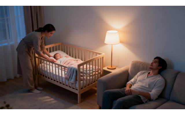 In a dimly lit room, a mother carefully tucks her baby into a crib as the father sleeps on the sofa.
