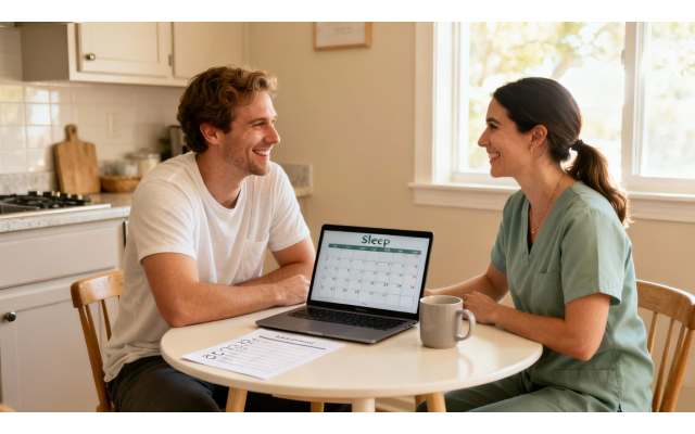 A parent and a sleep doula look over a baby