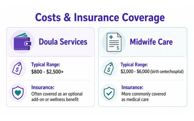 A comparison chart outlining the typical costs and insurance coverage for doula services versus midwife care.
